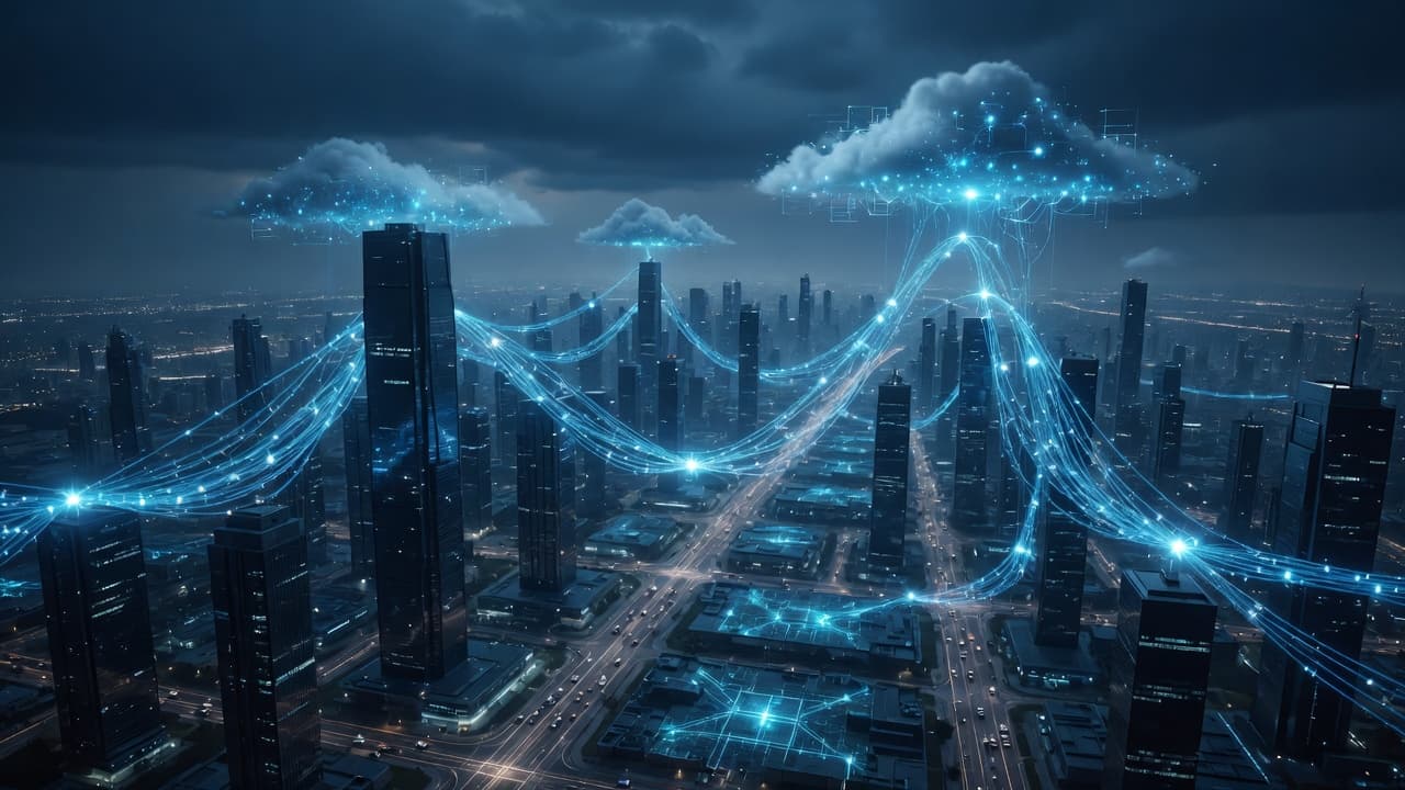 Aerial view of a city grid at night with red-glowing data streams along the streets