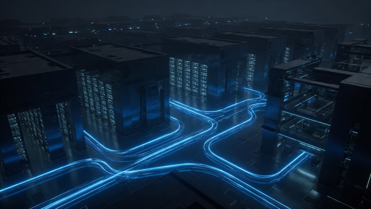 Dark automated warehouse interior with towering racking and red accent lighting